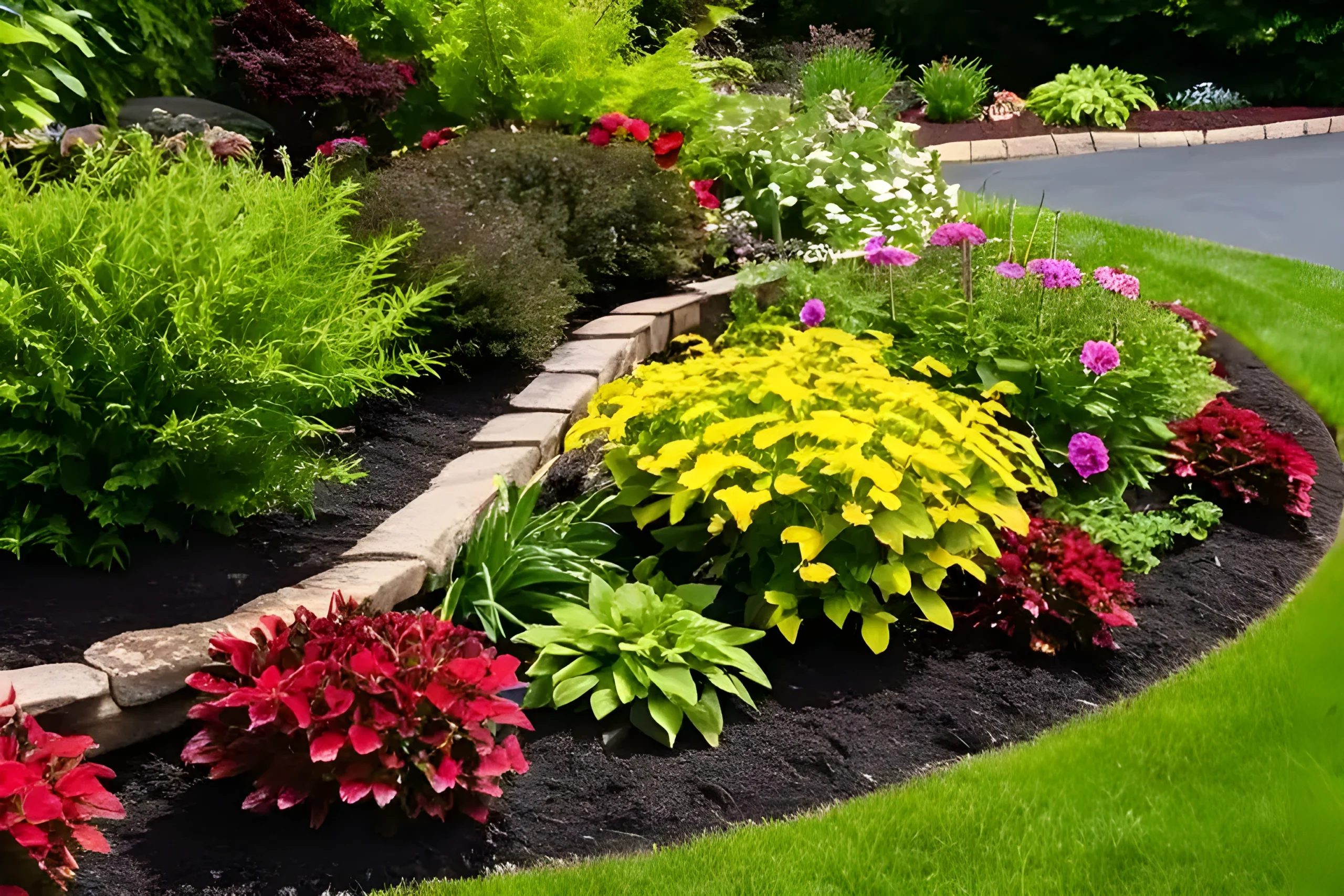Newly planted garden bed with shrubs and flowers