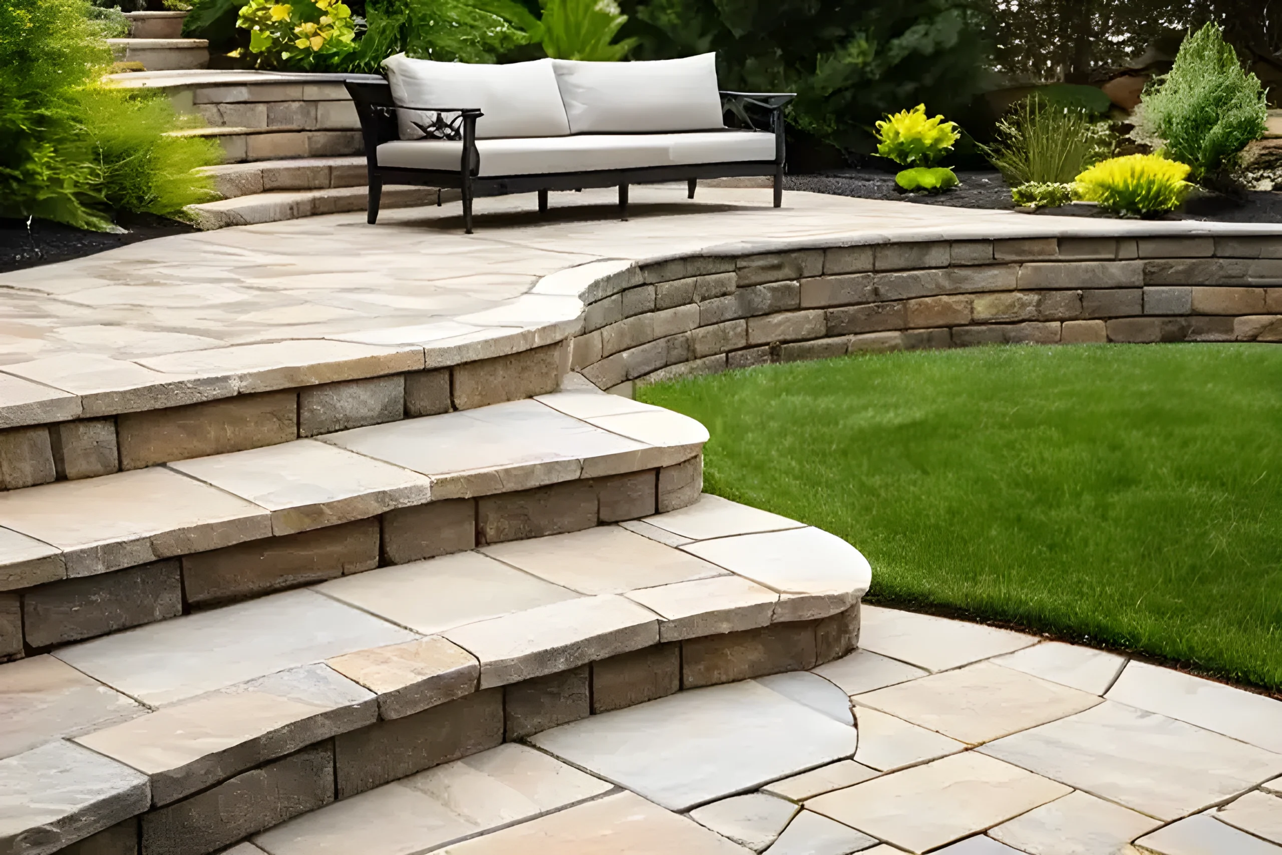 Paver patio with stone retaining wall and steps