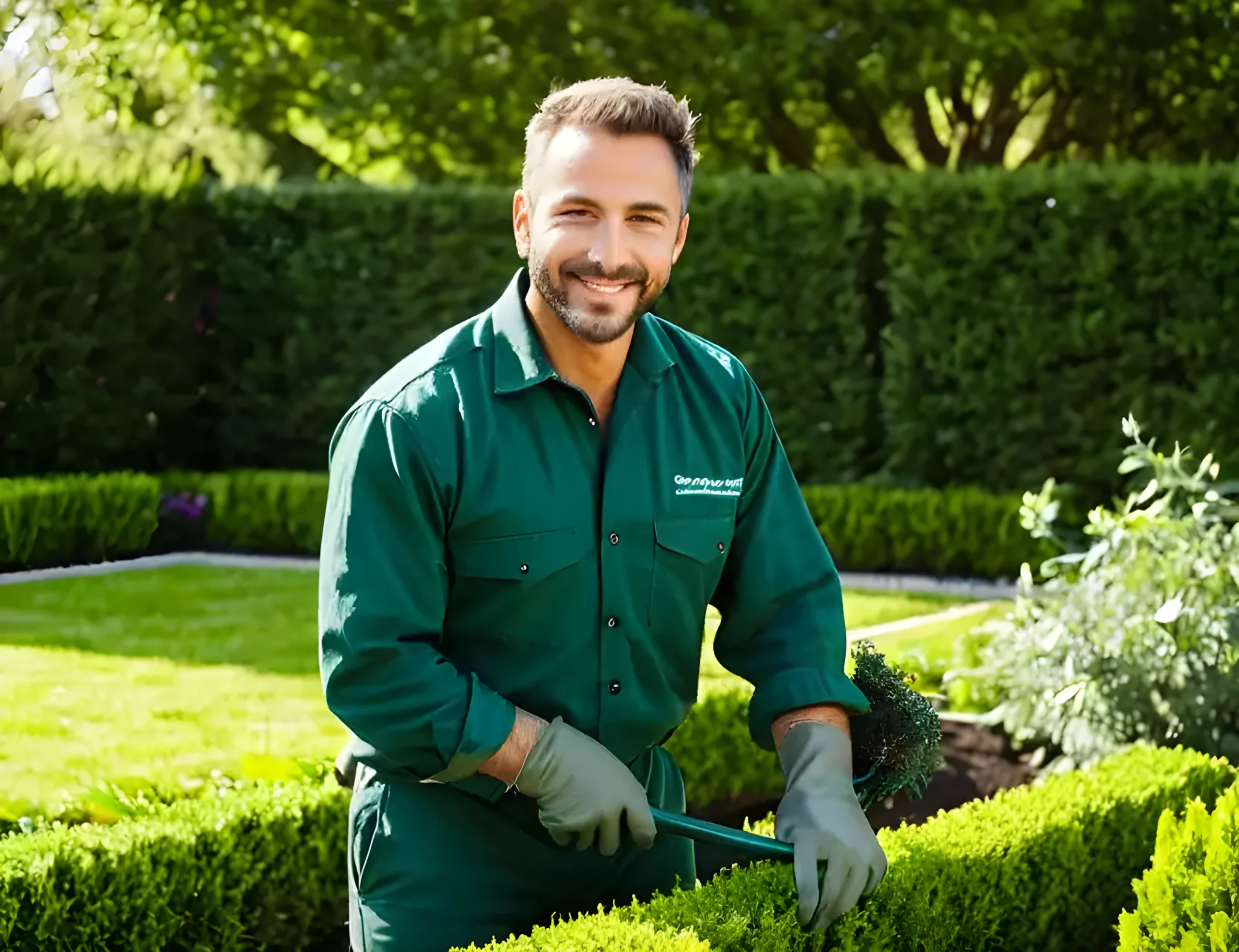 Friendly landscaper planting shrubs in a garden